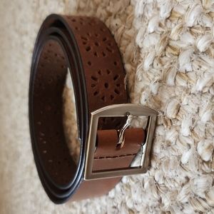 Genuine Leather Belt LX Silver Clasp Flower Holes Brown Western Boho
